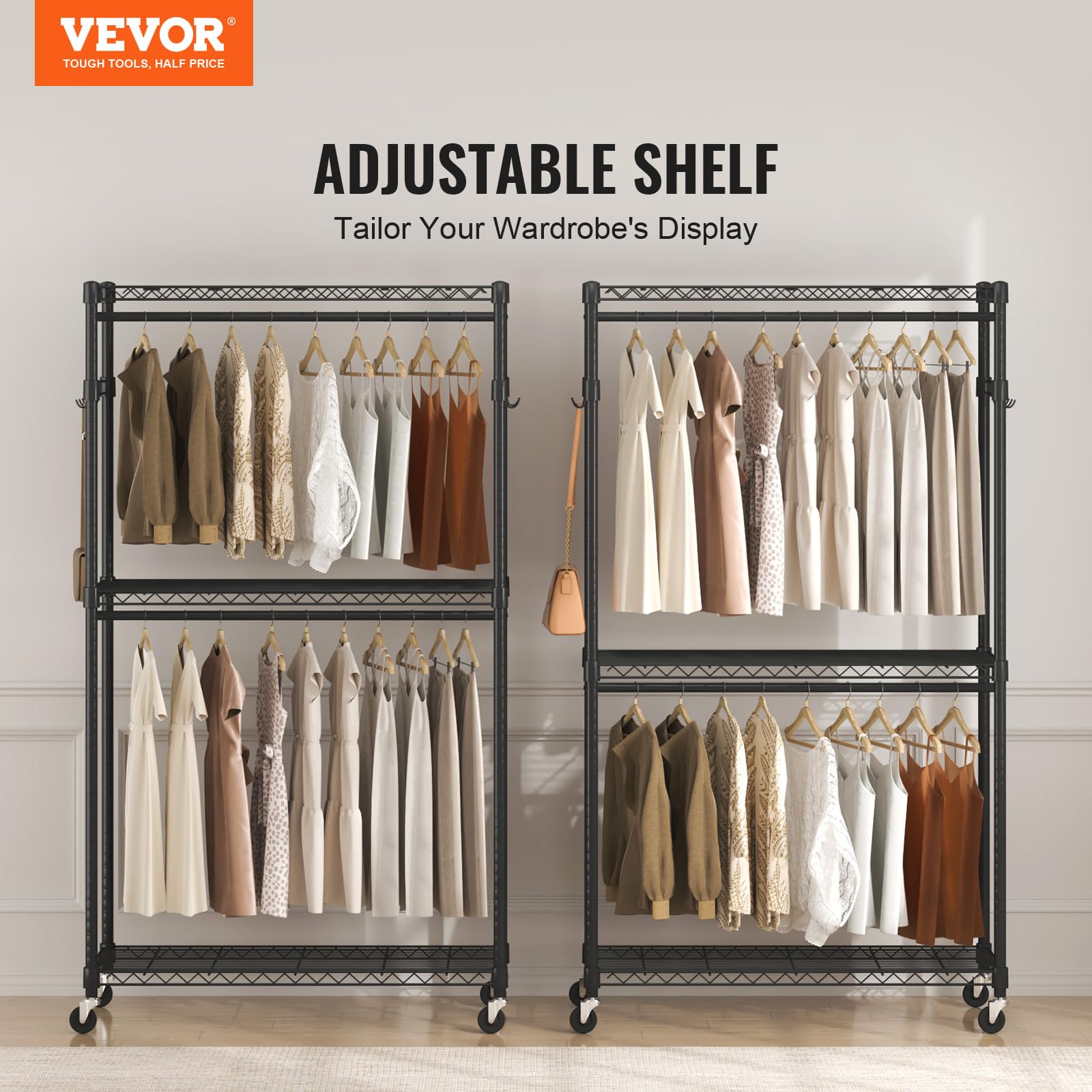 Vevor Heavy Duty Clothes Rack, Rolling Clothing Garment Rack With 3 Storage Tiers, 2 Rods And 2 Pairs Side Hooks, Adjustable Hei